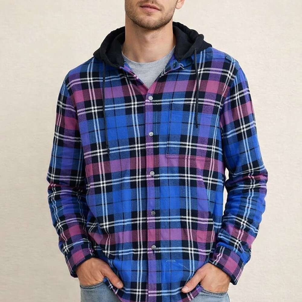 Edgar + Ash Plaid Cotton Long  Sleeve Button Up Hoodie MED NWT